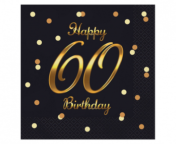 Serwetki B&C Happy 60 Birthday, czarne, nadruk złoty, 33x33 cm/ 20 szt.