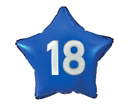 Balon foliowy "18" gwiazda niebieska, nadruk biały, 19"